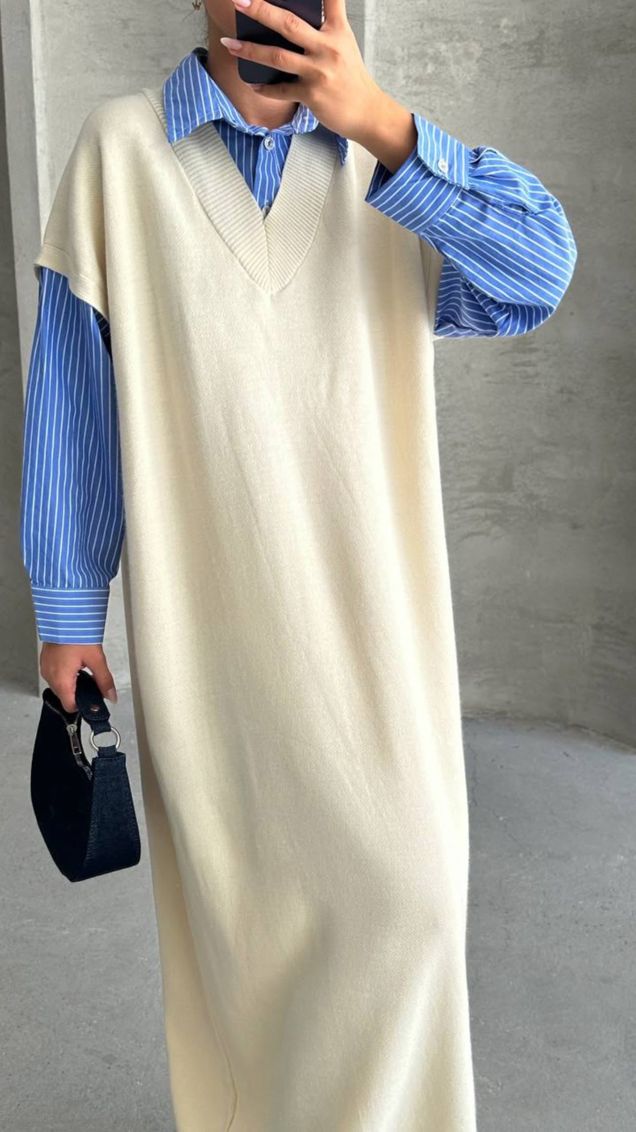 Pullunder Kleid mit Blusen Detail in Beige
