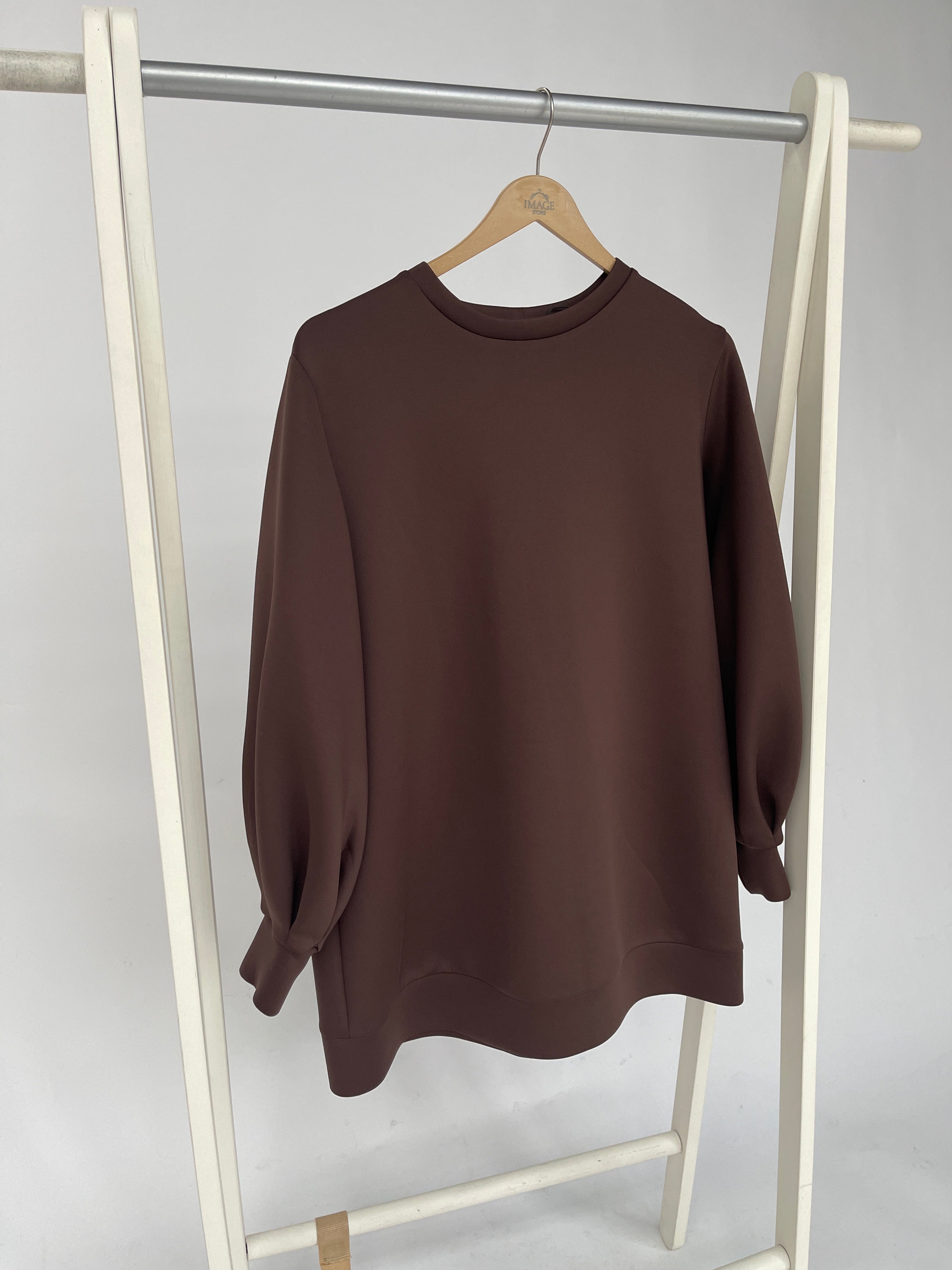 Carol Scuba tunic with balloon sleeves in brown