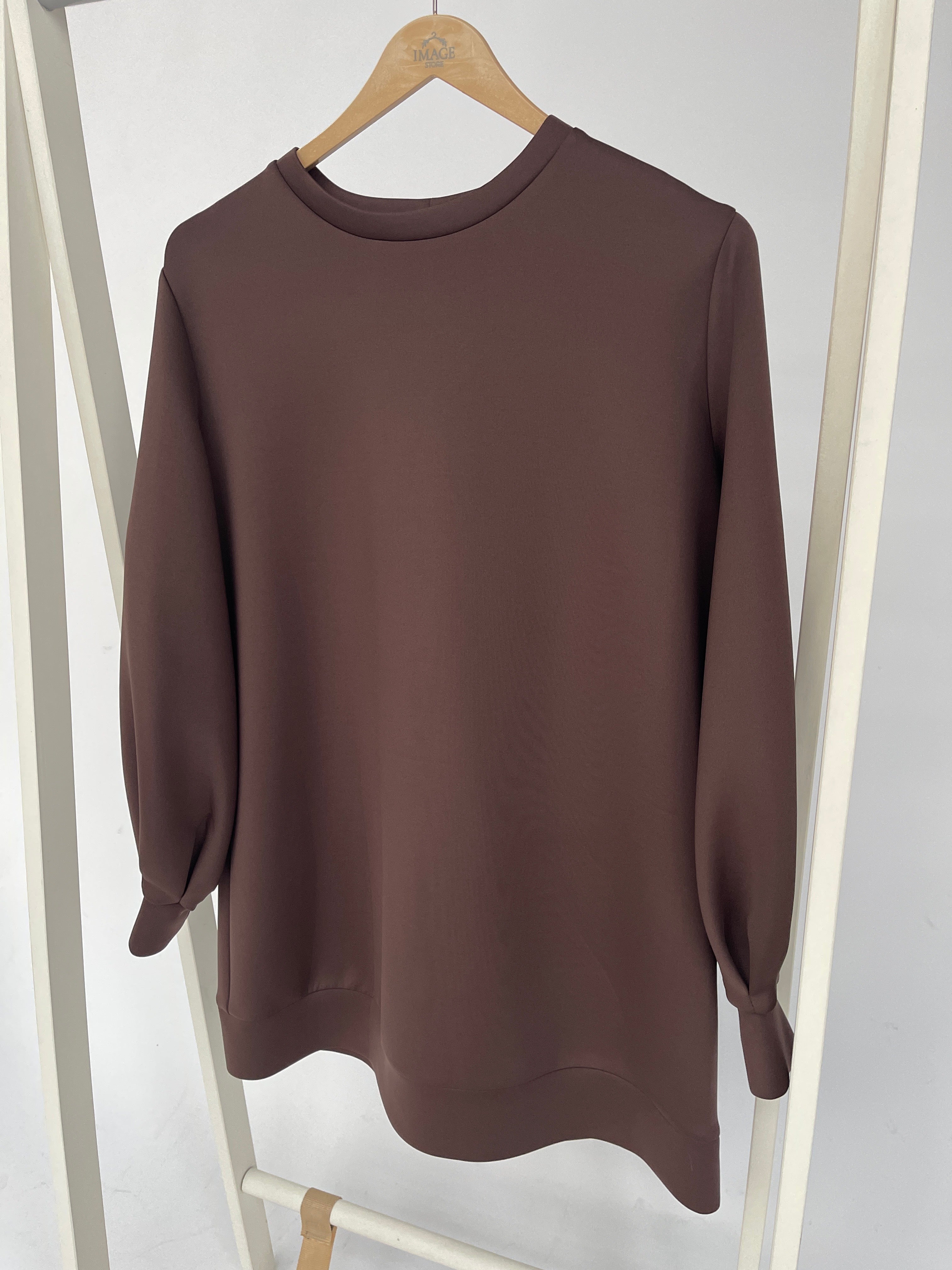 Carol Scuba tunic with balloon sleeves in brown