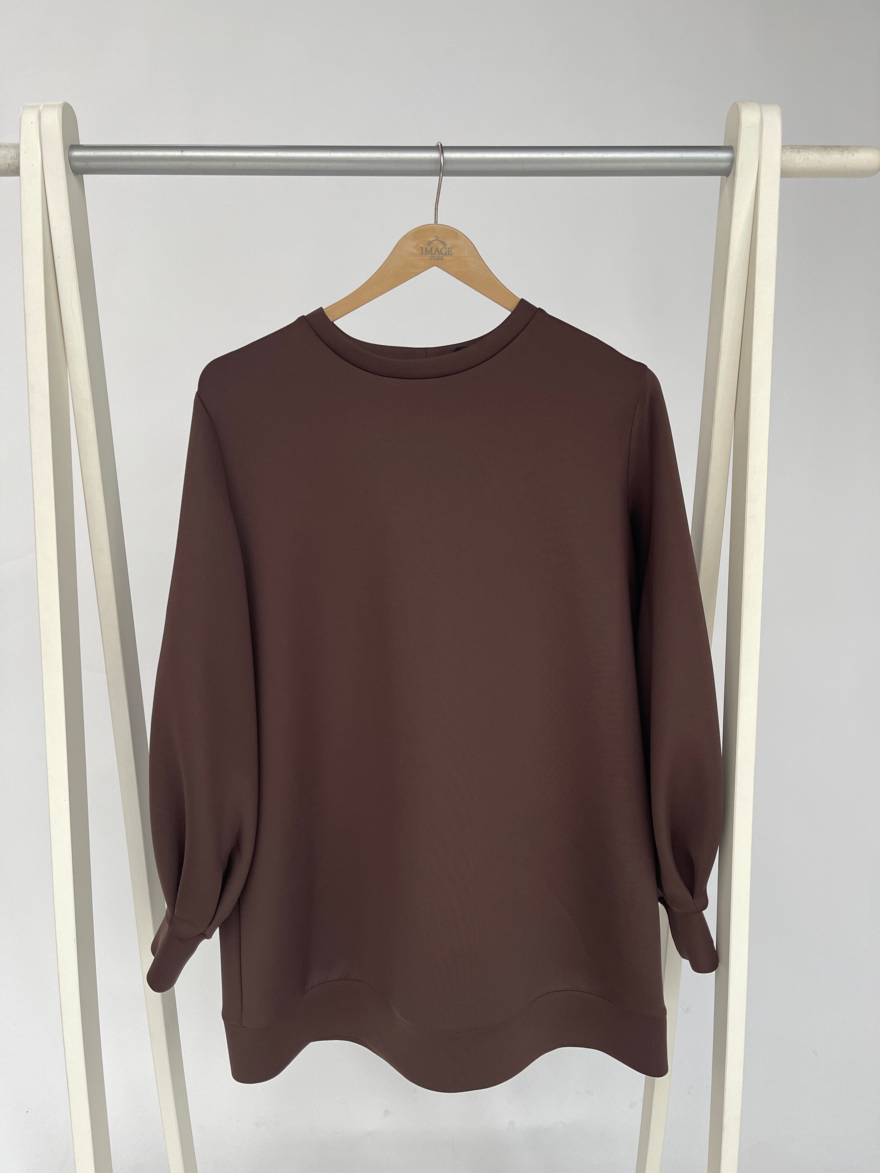 Carol Scuba tunic with balloon sleeves in brown